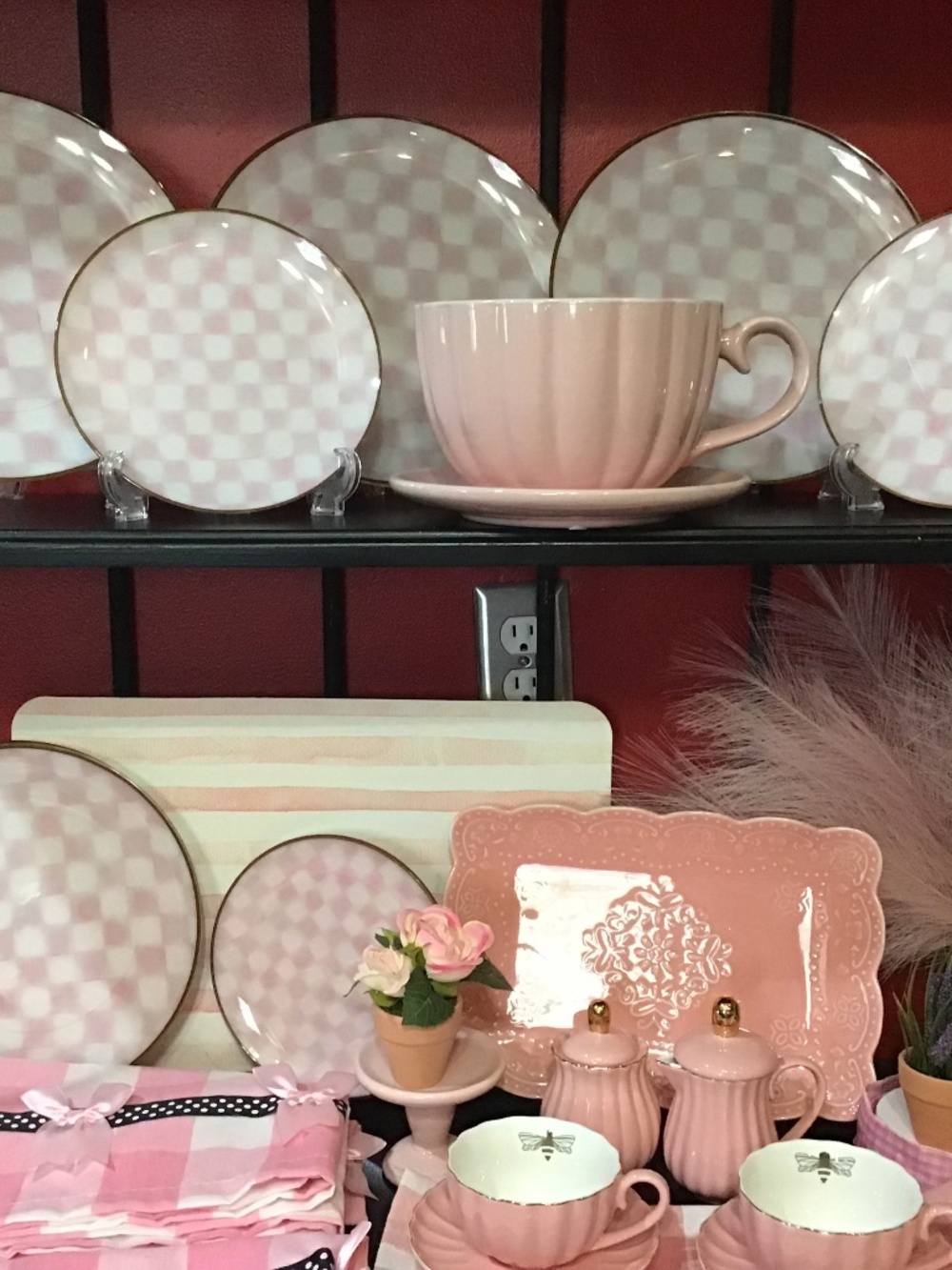 Pink checkered kitchen dishes, curtains, tablecloth,decor and much more!
